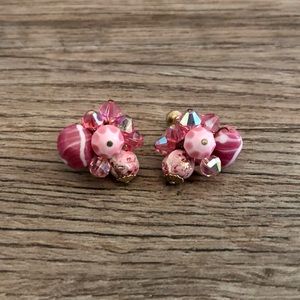 Vintage Vendome Signed Pink Clip On Cluster Earrings